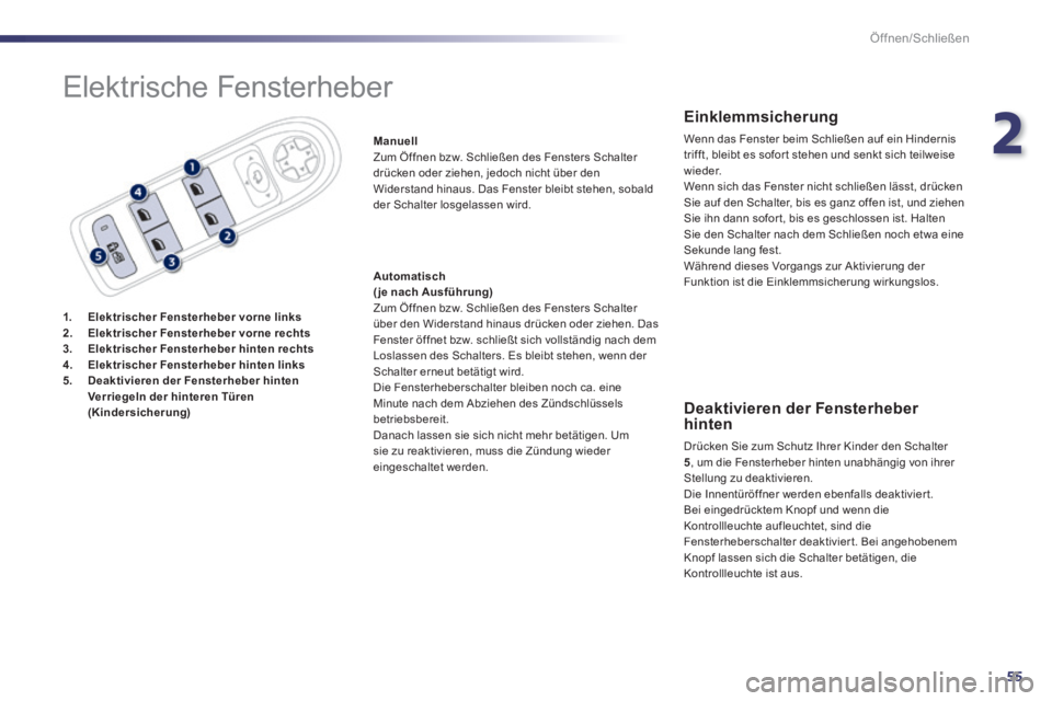 Peugeot 508 2014  Betriebsanleitung (in German) 2
55
Öffnen/Schließen
508_de_Chap02_ouvertures_ed01-2014_CA
 Elektrische  Fensterheber 
1.    Elektrischer Fensterheber    Elektrischer Fensterheber    Elektrischer Fensterhebervorne    links2.    E