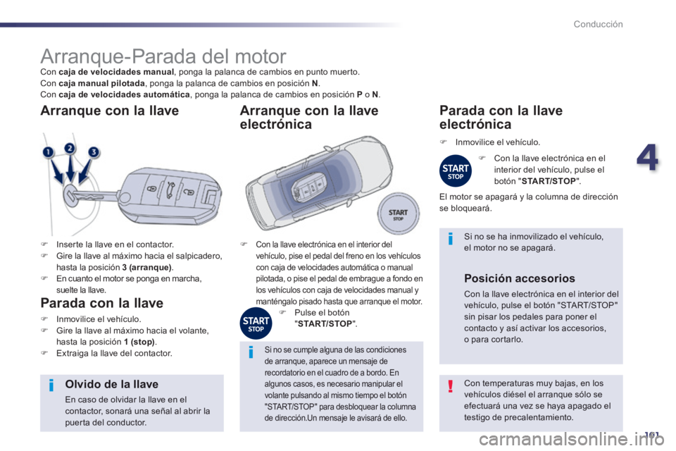 Peugeot 508 2014  Manual del propietario (in Spanish) 4
101
Conducción
508_es_Chap04_conduite_ed01-2014
            Arranque-Parada del motor  Con   caja de velocidades manual , ponga la palanca de cambios en punto muerto.  Con   caja manual pilotada , 