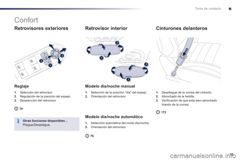 Peugeot 508 2014 Manual del propietario (in Spanish) .
13
Toma de contacto
Confort
Retrovisores exteriores
Reglaje
1. Selección del retrovisor. 2. Regulación de la posición del espejo. 3. Deselección del retrovisor.
74
Otras func Peugeot 508 2014 Manual del propietario (in Spanish) .
13
Toma de contacto
Confort
Retrovisores exteriores
Reglaje
1. Selección del retrovisor. 2. Regulación de la posición del espejo. 3. Deselección del retrovisor.
74
Otras func