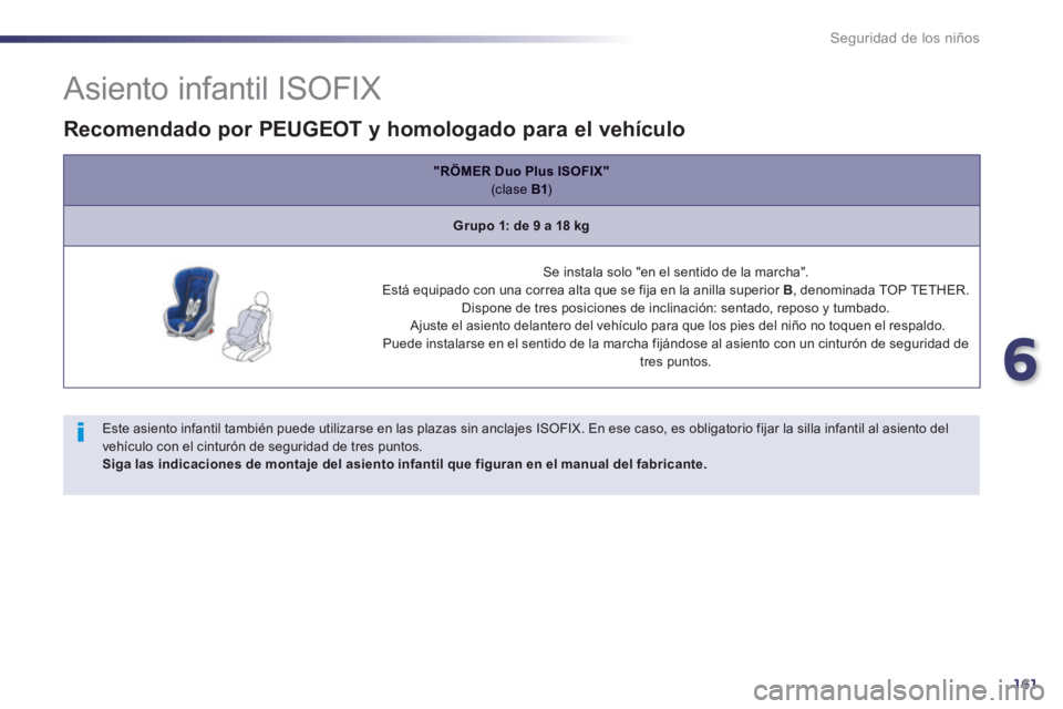 Peugeot 508 2014 Manual del propietario (in Spanish) 6
161
Seguridad de los niños
Asiento infantil ISOFIX
Este asiento infantil también puede utilizarse en las plazas sin anclajes ISOFIX. En ese caso, es obligatorio fijar la silla Peugeot 508 2014 Manual del propietario (in Spanish) 6
161
Seguridad de los niños
Asiento infantil ISOFIX
Este asiento infantil también puede utilizarse en las plazas sin anclajes ISOFIX. En ese caso, es obligatorio fijar la silla