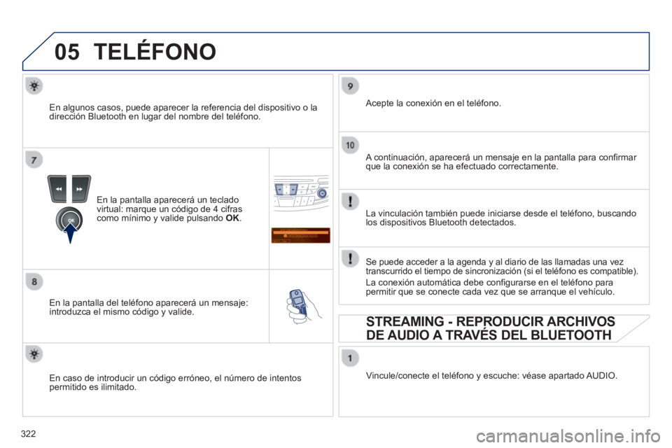 Peugeot 508 2014  Manual del propietario (in Spanish) 322
05
Saisir code authentification
01
OK Del 23456789
_
508_es_Chap11d_RD5_ed01-2014
 TELÉFONO 
  En la pantalla aparecerá un teclado virtual: marque un código de 4 cifras como mínimo y valide pu