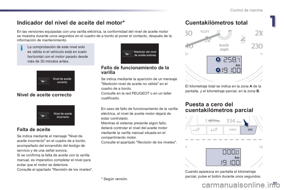 Peugeot 508 2014 Manual del propietario (in Spanish) 1
37
Control de marcha
508_es_Chap01_controle de marche_ed01-2014
Indicador del nivel de aceite del motor *
Falta de aceite
Se indica mediante el mensaje "Nivel de aceite incorrecto" en el cua Peugeot 508 2014 Manual del propietario (in Spanish) 1
37
Control de marcha
508_es_Chap01_controle de marche_ed01-2014
Indicador del nivel de aceite del motor *
Falta de aceite
Se indica mediante el mensaje "Nivel de aceite incorrecto" en el cua