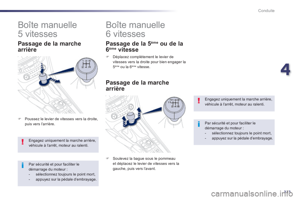 Peugeot 508 2014 Manuel du propriétaire (in French) 4
111
Conduite
Engagez uniquement la marche arrière, véhicule à l’arrêt, moteur au ralenti.
Par sécurité et pour faciliter le démarrage du moteur : - sélectionnez toujours le poin Peugeot 508 2014 Manuel du propriétaire (in French) 4
111
Conduite
Engagez uniquement la marche arrière, véhicule à l’arrêt, moteur au ralenti.
Par sécurité et pour faciliter le démarrage du moteur : - sélectionnez toujours le poin