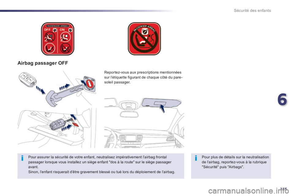 Peugeot 508 2014  Manuel du propriétaire (in French) 6
155
Sécurité des enfants
   Airbag  passager  OFF  
  Pour plus de détails sur la neutralisation de l’airbag, reportez-vous à la rubrique "Sécurité" puis "Airbags".  
  Reportez-vous aux pre
