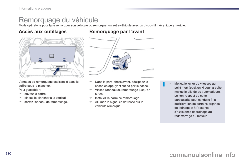 Peugeot 508 2014  Manuel du propriétaire (in French) 210
Informations pratiques
     Remorquage  du  véhicule  Mode opératoire pour faire remorquer son véhicule ou remorquer un autre véhicule avec un dispositif mécanique amovible. 
  Remorquage  pa