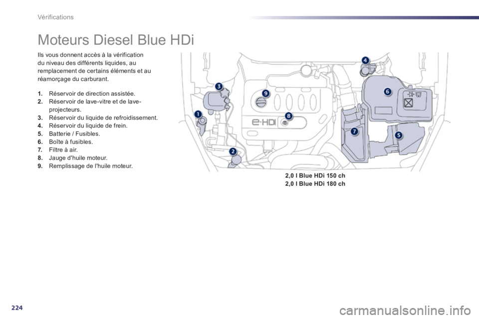 Peugeot 508 2014  Manuel du propriétaire (in French) 224
Vérifications
           Moteurs  Diesel  Blue  HDi 
 Ils vous donnent accès à la vérification du niveau des différents liquides, au remplacement de certains éléments et au réamorçage du 