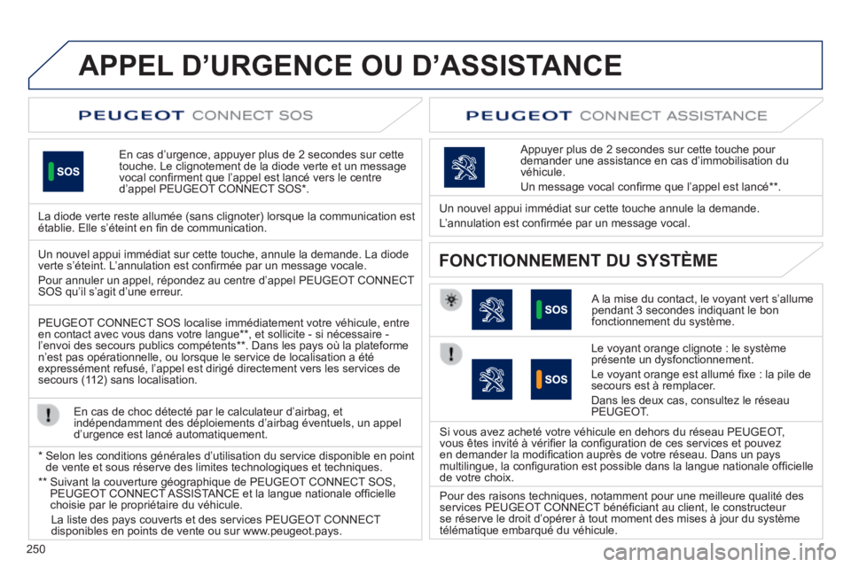Peugeot 508 2014 Manuel du propriétaire (in French) 250
APPEL D’URGENCE OU D’ASSISTANCE
En cas d’urgence, appuyer plus de 2 secondes sur cette touche. Le clignotement de la diode verte et un message vocal confi rment que l’appel est lancé Peugeot 508 2014 Manuel du propriétaire (in French) 250
APPEL D’URGENCE OU D’ASSISTANCE
En cas d’urgence, appuyer plus de 2 secondes sur cette touche. Le clignotement de la diode verte et un message vocal confi rment que l’appel est lancé