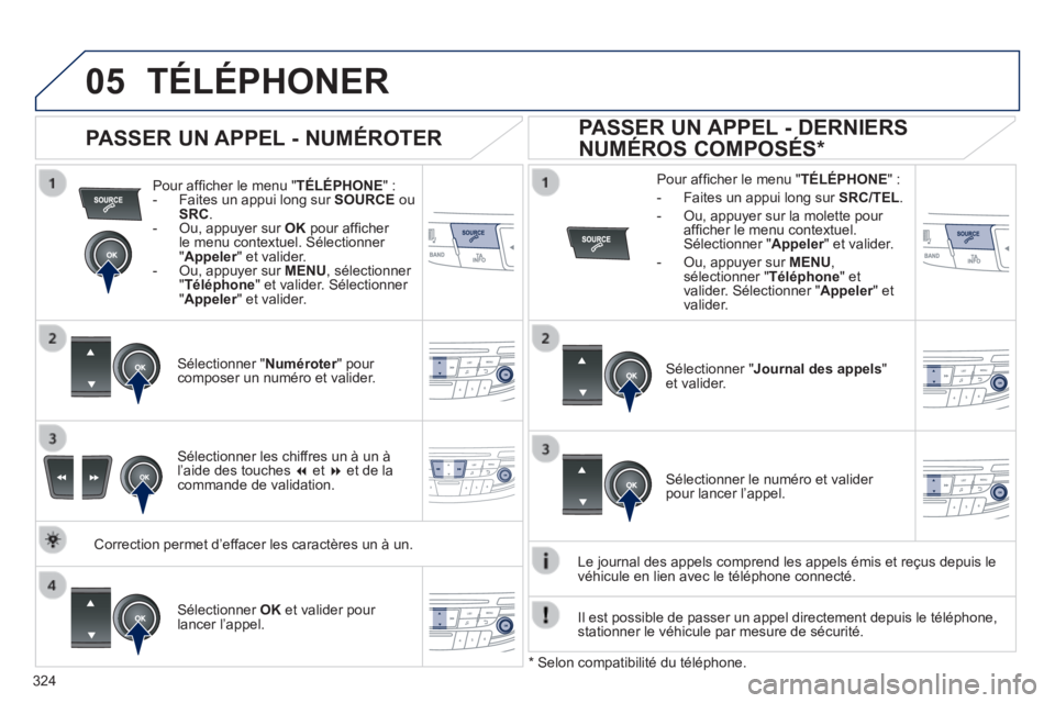 Peugeot 508 2014 Manuel du propriétaire (in French) 324
05
TÉLÉPHONER
Pour affi cher le menu " TÉLÉPHONE " : - Faites un appui long sur SOURCE ou SRC . - Ou, appuyer sur OK pour affi cher le menu contextuel. Sélectio Peugeot 508 2014 Manuel du propriétaire (in French) 324
05
TÉLÉPHONER
Pour affi cher le menu " TÉLÉPHONE " : - Faites un appui long sur SOURCE ou SRC . - Ou, appuyer sur OK pour affi cher le menu contextuel. Sélectio