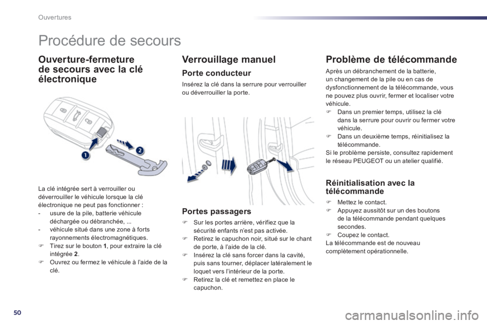 Peugeot 508 2014 Manuel du propriétaire (in French) 50
Ouvertures
Procédure de secours
Ouverture-fermeture
de secours avec la clé
électronique
La clé intégrée sert à verrouiller ou déverrouiller le véhicule lorsque la clé éle Peugeot 508 2014 Manuel du propriétaire (in French) 50
Ouvertures
Procédure de secours
Ouverture-fermeture
de secours avec la clé
électronique
La clé intégrée sert à verrouiller ou déverrouiller le véhicule lorsque la clé éle
