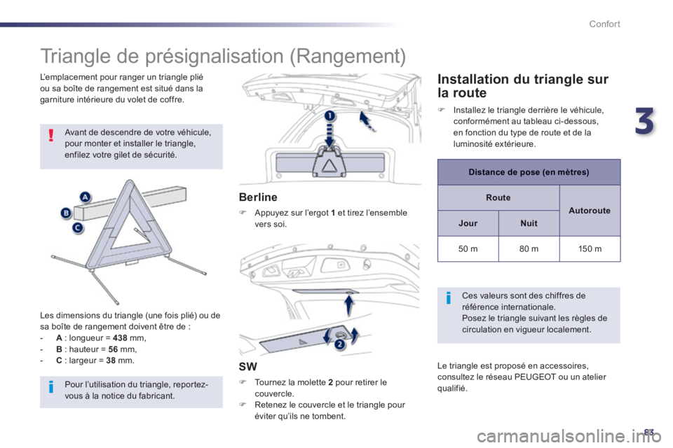 Peugeot 508 2014  Manuel du propriétaire (in French) 3
83
Confort
         Triangle  de  présignalisation  (Rangement) 
 Avant de descendre de votre véhicule, pour monter et installer le triangle, enfilez votre gilet de sécurité. 
  Les dimensions d