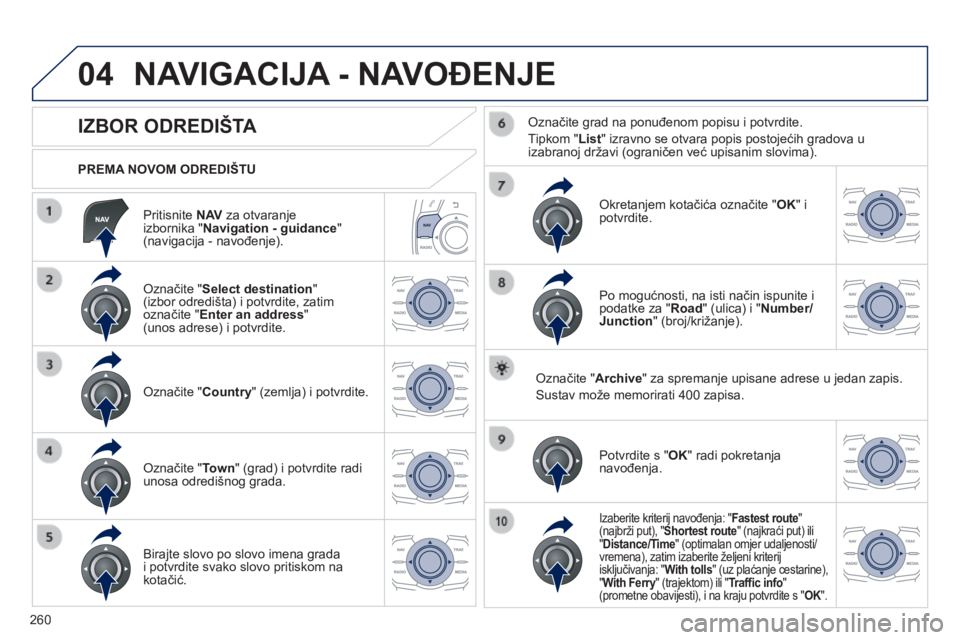 Peugeot 508 2014 Vodič za korisnike (in Croatian) 260
04
508_hr_Chap11c_RT6_ed01-2014
Pritisnite N AV za otvaranje izbornika " Navigation - guidance " (navigacija - navođenje).
PREMA NOVOM ODREDIŠTU
NAVIGACIJA - NAVOĐENJE
Peugeot 508 2014 Vodič za korisnike (in Croatian) 260
04
508_hr_Chap11c_RT6_ed01-2014
Pritisnite N AV za otvaranje izbornika " Navigation - guidance " (navigacija - navođenje).
PREMA NOVOM ODREDIŠTU
NAVIGACIJA - NAVOĐENJE