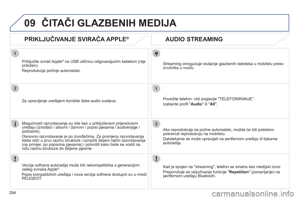Peugeot 508 2014 Vodič za korisnike (in Croatian) 294
09
508_hr_Chap11c_RT6_ed01-2014
AUDIO STREAMING
Streaming omogućuje slušanje glazbenih datoteka u mobitelu preko zvučnika u vozilu.
Povežite telefon: vidi poglavlje "TELEFON Peugeot 508 2014 Vodič za korisnike (in Croatian) 294
09
508_hr_Chap11c_RT6_ed01-2014
AUDIO STREAMING
Streaming omogućuje slušanje glazbenih datoteka u mobitelu preko zvučnika u vozilu.
Povežite telefon: vidi poglavlje "TELEFON