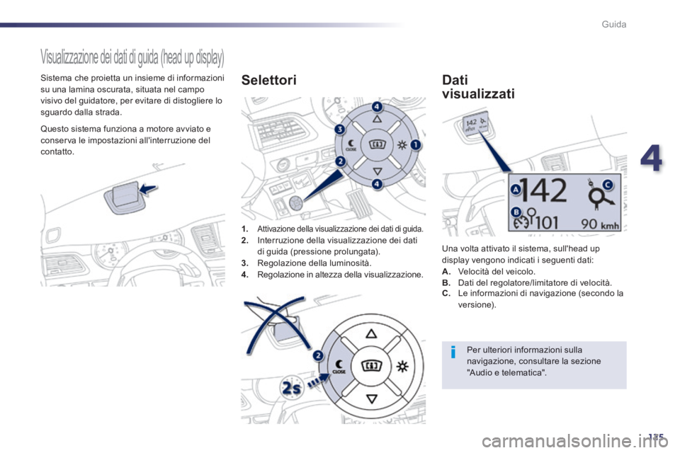 Peugeot 508 2014 Manuale del proprietario (in Italian) 4
125
Guida
508_IT_Chap04_conduite_ed01-2014
Visualizzazione dei dati di guida (head up display)
Sistema che proietta un insieme di informazioni su una lamina oscurata, situata nel campo visiv Peugeot 508 2014 Manuale del proprietario (in Italian) 4
125
Guida
508_IT_Chap04_conduite_ed01-2014
Visualizzazione dei dati di guida (head up display)
Sistema che proietta un insieme di informazioni su una lamina oscurata, situata nel campo visiv