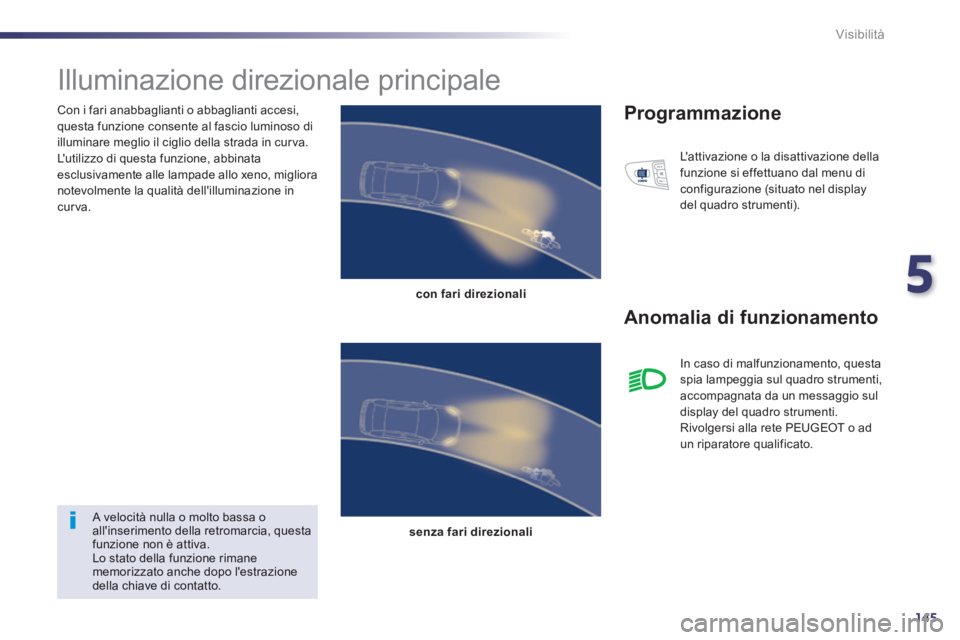 Peugeot 508 2014 Manuale del proprietario (in Italian) 5
145
Visibilità
Con i fari anabbaglianti o abbaglianti accesi, questa funzione consente al fascio luminoso di illuminare meglio il ciglio della strada in curva. Lutilizzo di questa funzione, abb Peugeot 508 2014 Manuale del proprietario (in Italian) 5
145
Visibilità
Con i fari anabbaglianti o abbaglianti accesi, questa funzione consente al fascio luminoso di illuminare meglio il ciglio della strada in curva. Lutilizzo di questa funzione, abb