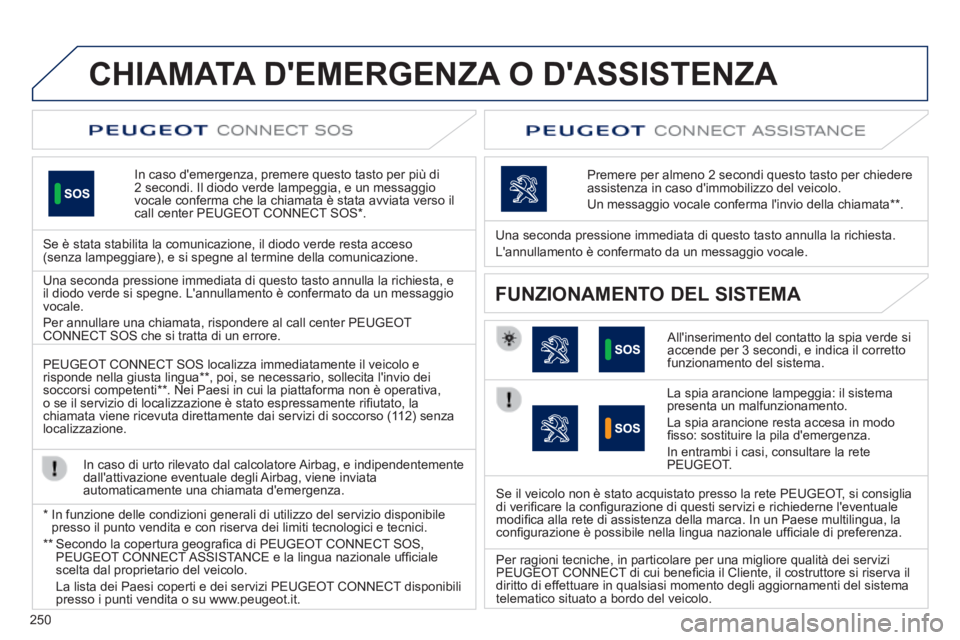 Peugeot 508 2014 Manuale del proprietario (in Italian) 250
CHIAMATA DEMERGENZA O DASSISTENZA
In caso demergenza, premere questo tasto per più di 2 secondi. Il diodo verde lampeggia, e un messaggio vocale conferma che la chiamata è stata avviata v Peugeot 508 2014 Manuale del proprietario (in Italian) 250
CHIAMATA DEMERGENZA O DASSISTENZA
In caso demergenza, premere questo tasto per più di 2 secondi. Il diodo verde lampeggia, e un messaggio vocale conferma che la chiamata è stata avviata v