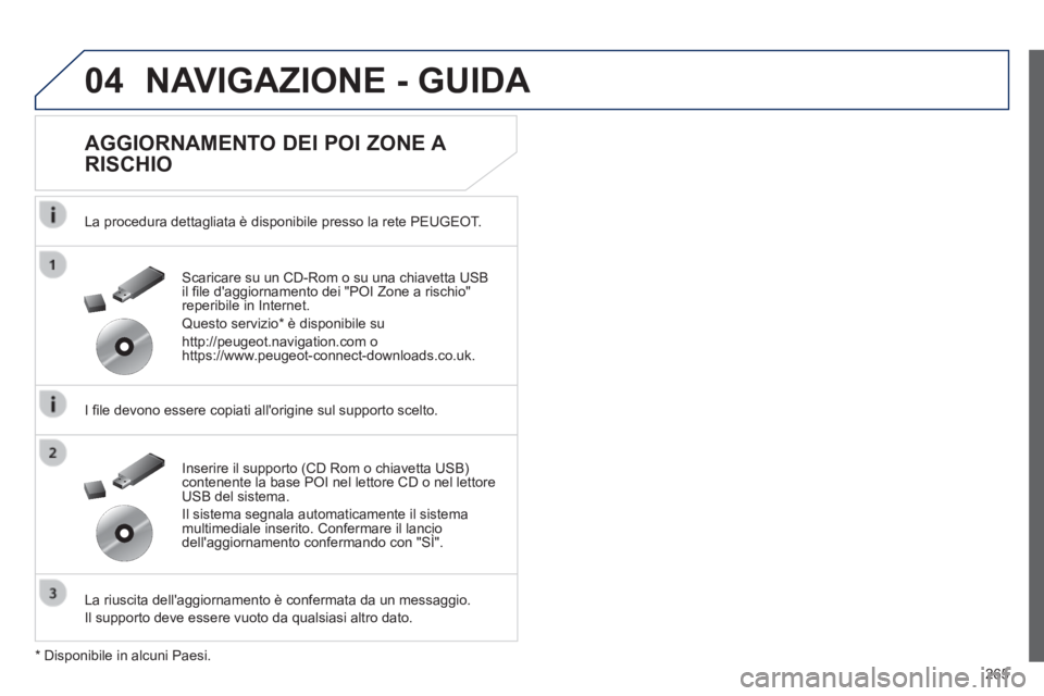 Peugeot 508 2014 Manuale del proprietario (in Italian) 265
04
508_IT_Chap11c_RT6_ed01-2014
NAVIGAZIONE - GUIDA
AGGIORNAMENTO DEI POI ZONE A
RISCHIO
La procedura dettagliata è disponibile presso la rete PEUGEOT.
I fi le devono essere copiati Peugeot 508 2014 Manuale del proprietario (in Italian) 265
04
508_IT_Chap11c_RT6_ed01-2014
NAVIGAZIONE - GUIDA
AGGIORNAMENTO DEI POI ZONE A
RISCHIO
La procedura dettagliata è disponibile presso la rete PEUGEOT.
I fi le devono essere copiati