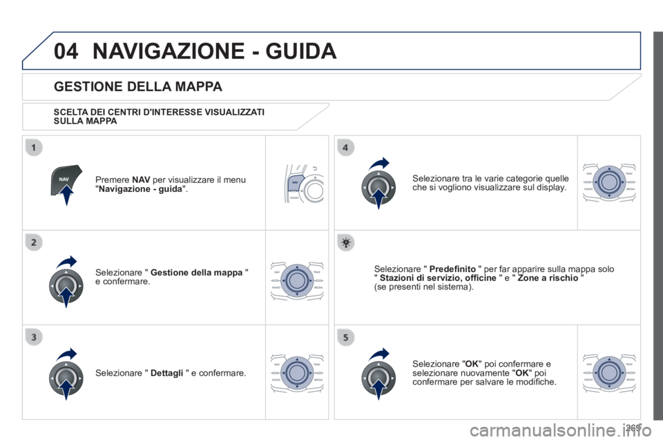 Peugeot 508 2014 Manuale del proprietario (in Italian) 269
04
508_IT_Chap11c_RT6_ed01-2014
NAVIGAZIONE - GUIDA
Premere N AV per visualizzare il menu " Navigazione - guida ".
GESTIONE DELLA MAPPA
SCELTA DEI CENTRI DINTERESSE VISUALIZZATI S Peugeot 508 2014 Manuale del proprietario (in Italian) 269
04
508_IT_Chap11c_RT6_ed01-2014
NAVIGAZIONE - GUIDA
Premere N AV per visualizzare il menu " Navigazione - guida ".
GESTIONE DELLA MAPPA
SCELTA DEI CENTRI DINTERESSE VISUALIZZATI S