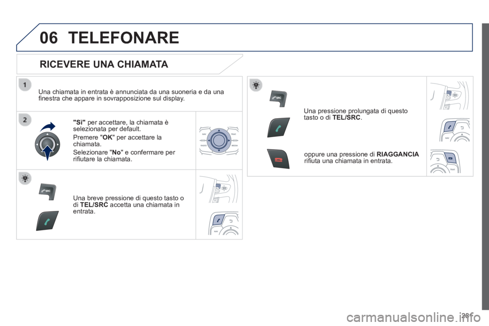 Peugeot 508 2014 Manuale del proprietario (in Italian) 281
06
508_IT_Chap11c_RT6_ed01-2014
TELEFONARE
RICEVERE UNA CHIAMATA
Una chiamata in entrata è annunciata da una suoneria e da una fi nestra che appare in sovrapposizione sul display.
"S Peugeot 508 2014 Manuale del proprietario (in Italian) 281
06
508_IT_Chap11c_RT6_ed01-2014
TELEFONARE
RICEVERE UNA CHIAMATA
Una chiamata in entrata è annunciata da una suoneria e da una fi nestra che appare in sovrapposizione sul display.
"S