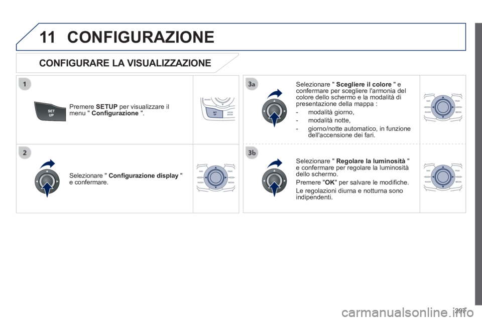 Peugeot 508 2014 Manuale del proprietario (in Italian) 297
11
508_IT_Chap11c_RT6_ed01-2014
CONFIGURAZIONE
Premere SETUP per visualizzare il menu " Confi gurazione ".
Selezionare " Scegliere il colore " e confermare per scegliere larmon Peugeot 508 2014 Manuale del proprietario (in Italian) 297
11
508_IT_Chap11c_RT6_ed01-2014
CONFIGURAZIONE
Premere SETUP per visualizzare il menu " Confi gurazione ".
Selezionare " Scegliere il colore " e confermare per scegliere larmon