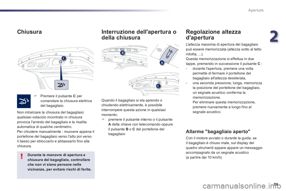 Peugeot 508 2014 Manuale del proprietario (in Italian) 2
59
Aperture
508_IT_Chap02_ouvertures_ed01-2014
Chiusura
Premere il pulsante C per comandare la chiusura elettrica del bagagliaio.
Non intralciare la chiusura del bagagliaio: qualsias Peugeot 508 2014 Manuale del proprietario (in Italian) 2
59
Aperture
508_IT_Chap02_ouvertures_ed01-2014
Chiusura
Premere il pulsante C per comandare la chiusura elettrica del bagagliaio.
Non intralciare la chiusura del bagagliaio: qualsias