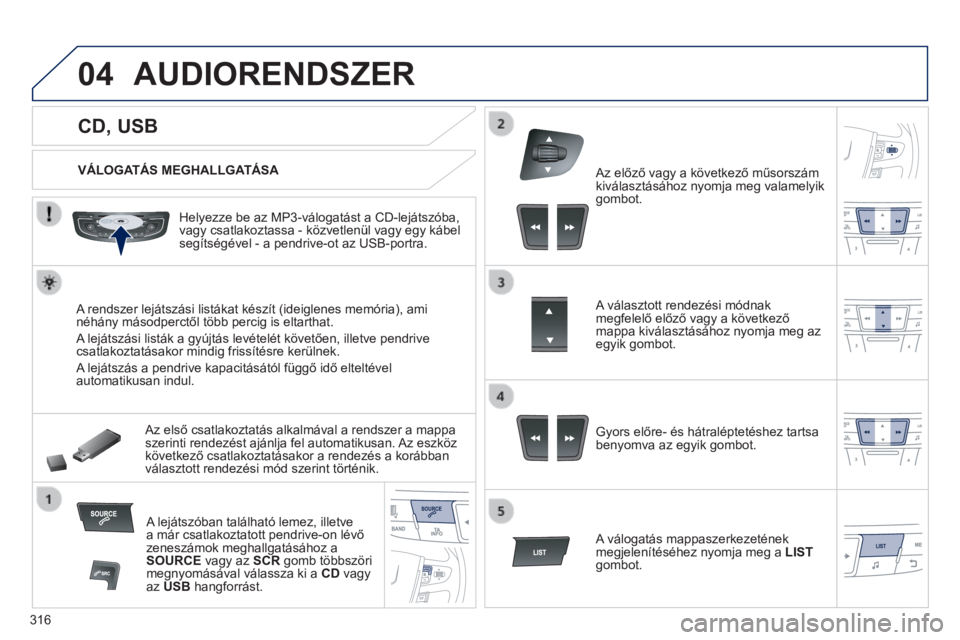 Peugeot 508 2014  Kezelési útmutató (in Hungarian) 316
04
508_hu_Chap11d_RD5_ed01-2014
             CD, USB 
 AUDIORENDSZER 
  VÁLOGATÁS  MEGHALLGATÁSA  
  Helyezze be az MP3-válogatást a CD-lejátszóba, vagy csatlakoztassa - közvetlenül vagy 