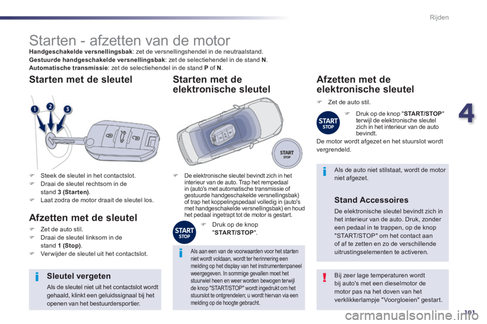 Peugeot 508 2014 Handleiding (in Dutch) 4
101
Rijden
508_nl_Chap04_conduite_ed01-2014
Starten - afzetten van de motor Handgeschakelde versnellingsbak : zet de versnellingshendel in de neutraalstand. Gestuurde handgeschakelde ver Peugeot 508 2014 Handleiding (in Dutch) 4
101
Rijden
508_nl_Chap04_conduite_ed01-2014
Starten - afzetten van de motor Handgeschakelde versnellingsbak : zet de versnellingshendel in de neutraalstand. Gestuurde handgeschakelde ver