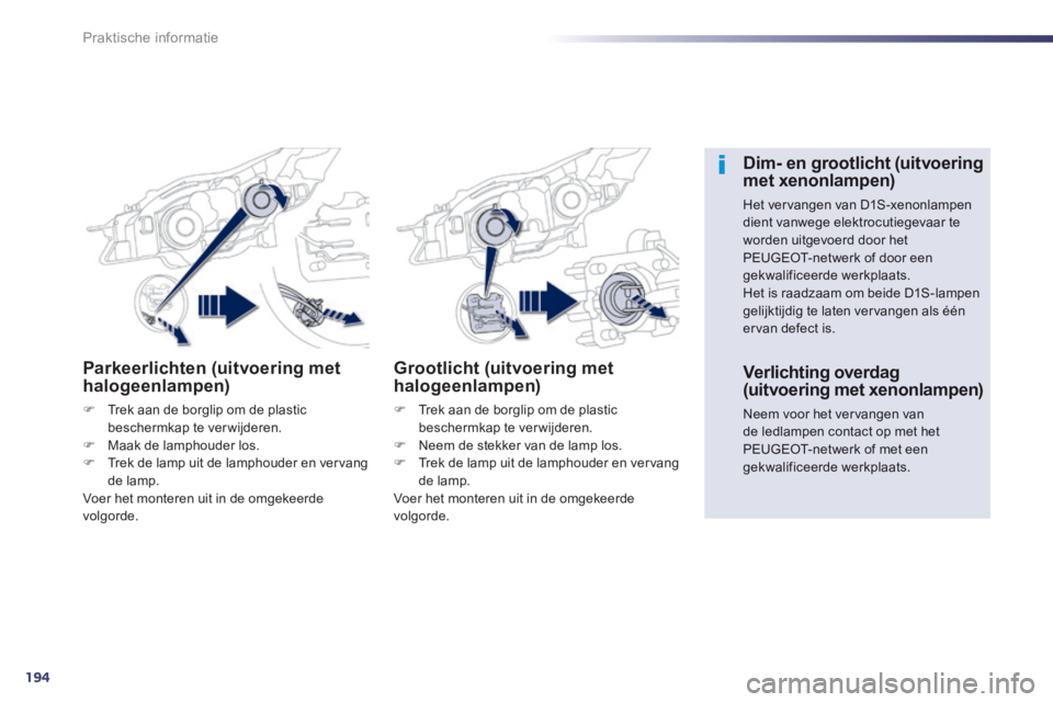 Peugeot 508 2014  Handleiding (in Dutch) 194
Praktische informatie
508_nl_Chap08_info pratiques_ed01-2014
Parkeerlichten (uitvoering met halogeenlampen) 
   Trek aan de borglip om de plastic beschermkap te verwijderen.    Maak de lamph
