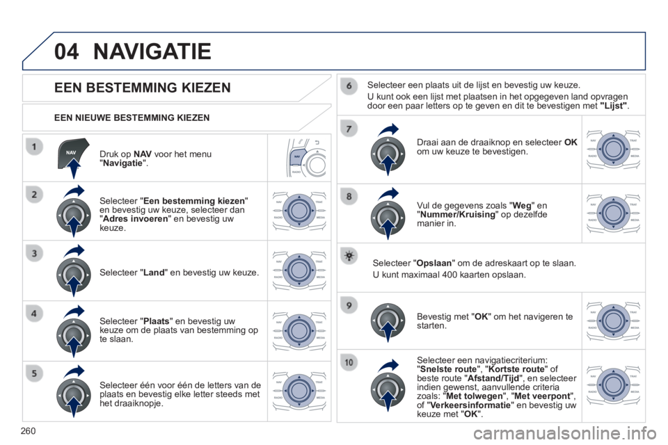Peugeot 508 2014 Handleiding (in Dutch) 260
04
508_nl_Chap11c_RT6_ed01-2014
Druk op N AV voor het menu " Navigatie ".
EEN NIEUWE BESTEMMING KIEZEN
NAVIGATIE
EEN BESTEMMING KIEZEN
Selecteer " Een bestemming k Peugeot 508 2014 Handleiding (in Dutch) 260
04
508_nl_Chap11c_RT6_ed01-2014
Druk op N AV voor het menu " Navigatie ".
EEN NIEUWE BESTEMMING KIEZEN
NAVIGATIE
EEN BESTEMMING KIEZEN
Selecteer " Een bestemming k