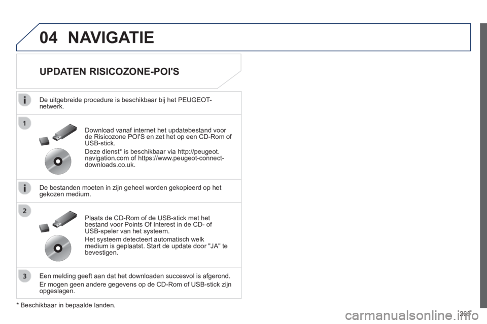 Peugeot 508 2014  Handleiding (in Dutch) 265
04
508_nl_Chap11c_RT6_ed01-2014
 NAVIGATIE 
  UPDATEN  RISICOZONE-POIS 
  De uitgebreide procedure is beschikbaar bij het PEUGEOT-netwerk.  
  De bestanden moeten in zijn geheel worden gekopieerd