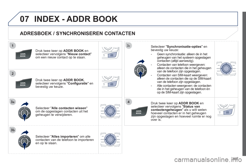 Peugeot 508 2014 Handleiding (in Dutch) 285
07
508_nl_Chap11c_RT6_ed01-2014
ADRESBOEK / SYNCHRONISEREN CONTACTEN
Druk twee keer op ADDR BOOK en selecteer vervolgens " Nieuw contact " om een nieuw contact op te slaan.
Druk twee ke Peugeot 508 2014 Handleiding (in Dutch) 285
07
508_nl_Chap11c_RT6_ed01-2014
ADRESBOEK / SYNCHRONISEREN CONTACTEN
Druk twee keer op ADDR BOOK en selecteer vervolgens " Nieuw contact " om een nieuw contact op te slaan.
Druk twee ke