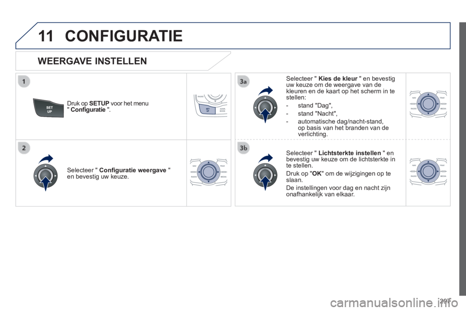 Peugeot 508 2014 Handleiding (in Dutch) 297
11
508_nl_Chap11c_RT6_ed01-2014
CONFIGURATIE
Druk op SETUP voor het menu " Confi guratie ".
Selecteer " Kies de kleur " en bevestig Kies de kleur " en bevestig Kies de kleuruw Peugeot 508 2014 Handleiding (in Dutch) 297
11
508_nl_Chap11c_RT6_ed01-2014
CONFIGURATIE
Druk op SETUP voor het menu " Confi guratie ".
Selecteer " Kies de kleur " en bevestig Kies de kleur " en bevestig Kies de kleuruw