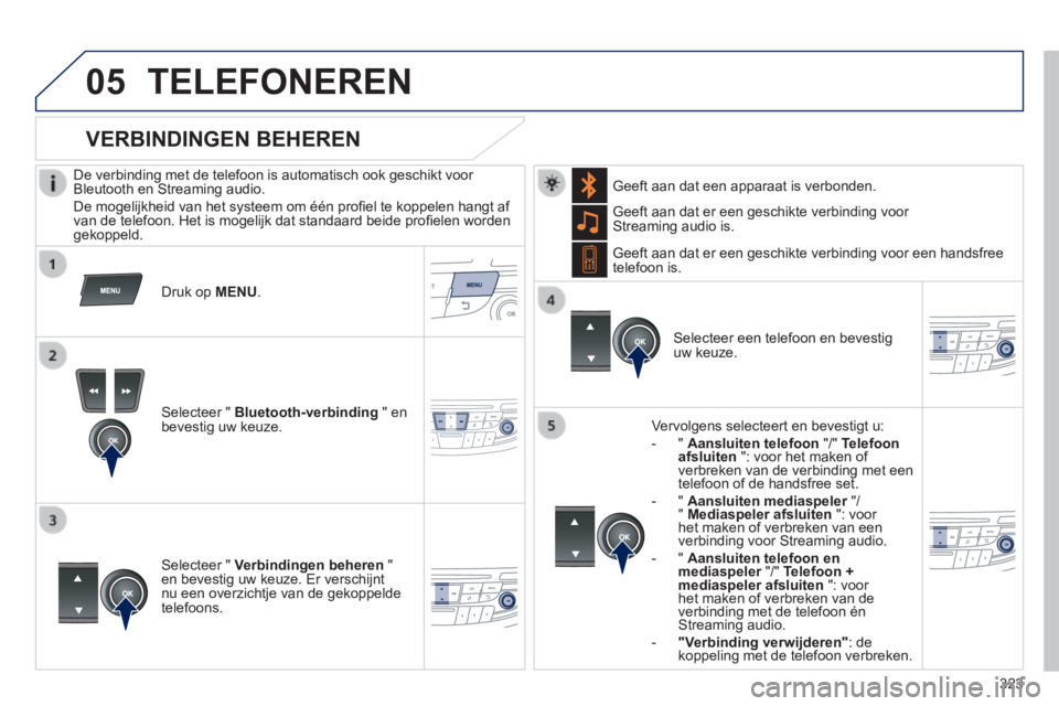 Peugeot 508 2014  Handleiding (in Dutch) 323
05
 
 
508_nl_Chap11d_RD5_ed01-2014
 TELEFONEREN 
  De verbinding met de telefoon is automatisch ook geschikt voor Bleutooth en Streaming audio.  De mogelijkheid van het systeem om één proﬁ el