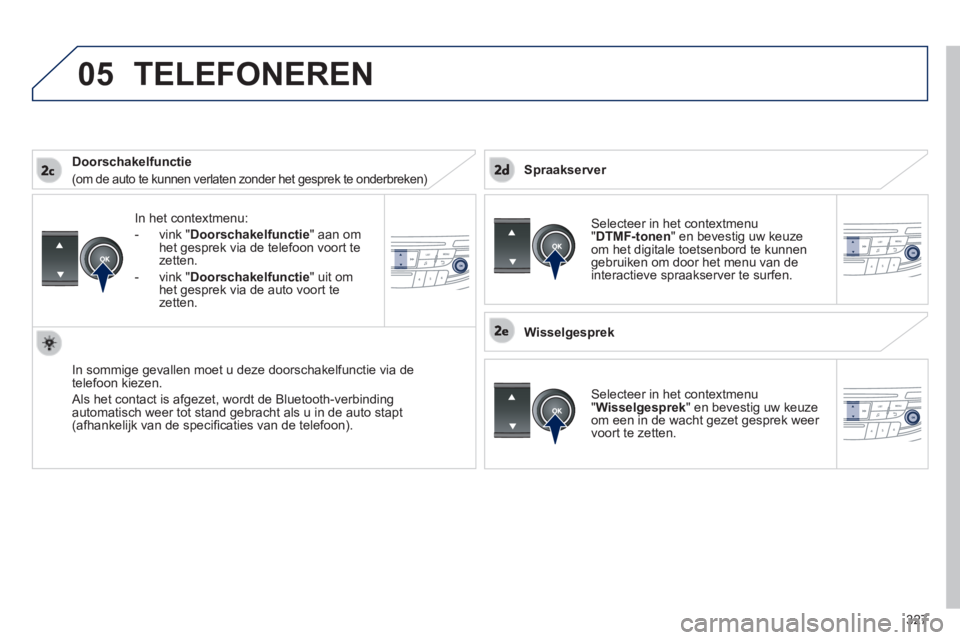 Peugeot 508 2014  Handleiding (in Dutch) 327
05
 
508_nl_Chap11d_RD5_ed01-2014
  In  het  contextmenu: 
   -   vink  " Doorschakelfunctie " aan om het gesprek via de telefoon voort te zetten. 
  -   vink  " Doorschakelfunctie " uit om het ge