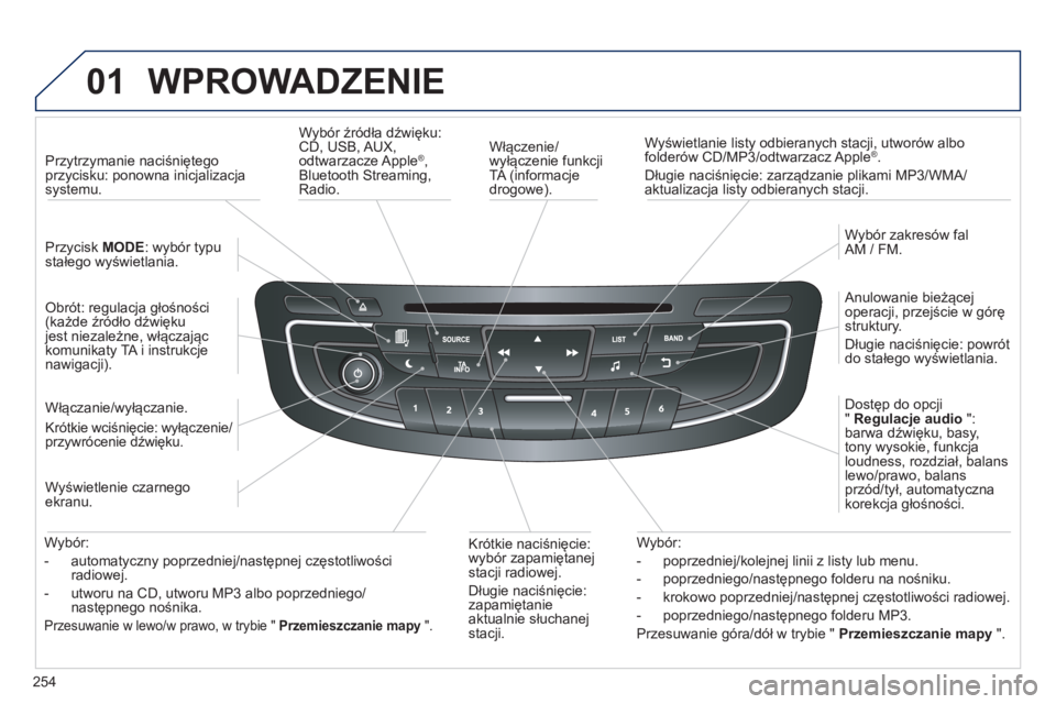 Peugeot 508 2014 Instrukcja Obsługi (in Polish) 254
01
508_pl_Chap11c_RT6_ed01-2014
WPROWADZENIE
Włączenie/wyłączenie funkcji TA (informacje drogowe).
Wyświetlanie listy odbieranych stacji, utworów albo folderów CD/MP3/odtwarzacz App Peugeot 508 2014 Instrukcja Obsługi (in Polish) 254
01
508_pl_Chap11c_RT6_ed01-2014
WPROWADZENIE
Włączenie/wyłączenie funkcji TA (informacje drogowe).
Wyświetlanie listy odbieranych stacji, utworów albo folderów CD/MP3/odtwarzacz App