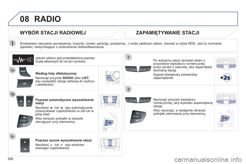 Peugeot 508 2014 Instrukcja Obsługi (in Polish) 288
08
508_pl_Chap11c_RT6_ed01-2014
RADIO
Według listy alfabetycznej
Nacisnąć przycisk RADIO albo LIST , aby wyświetlić stację radiową do wyboru i zatwierdzić.
Poprzez automatycz Peugeot 508 2014 Instrukcja Obsługi (in Polish) 288
08
508_pl_Chap11c_RT6_ed01-2014
RADIO
Według listy alfabetycznej
Nacisnąć przycisk RADIO albo LIST , aby wyświetlić stację radiową do wyboru i zatwierdzić.
Poprzez automatycz