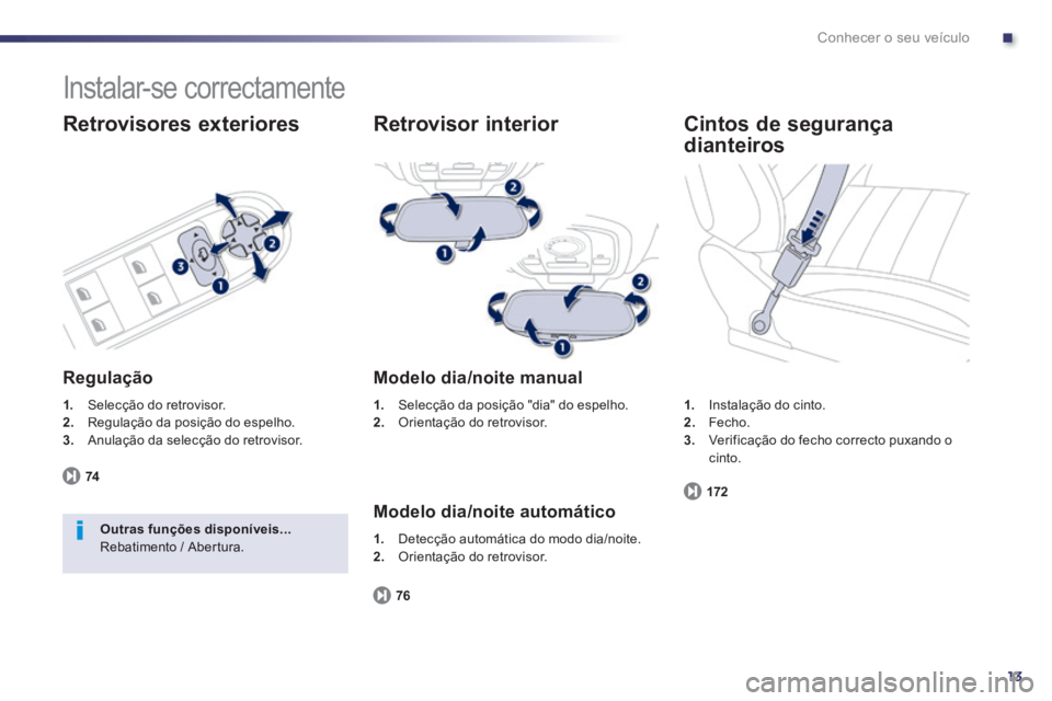 Peugeot 508 2014  Manual do proprietário (in Portuguese) .
13
Conhecer o seu veículo
 Instalar-se  correctamente 
  Retrovisores  exteriores 
  Regulação 
1.   Selecção do retrovisor. 2.   Regulação da posição do espelho. 3.   Anulação da selecç