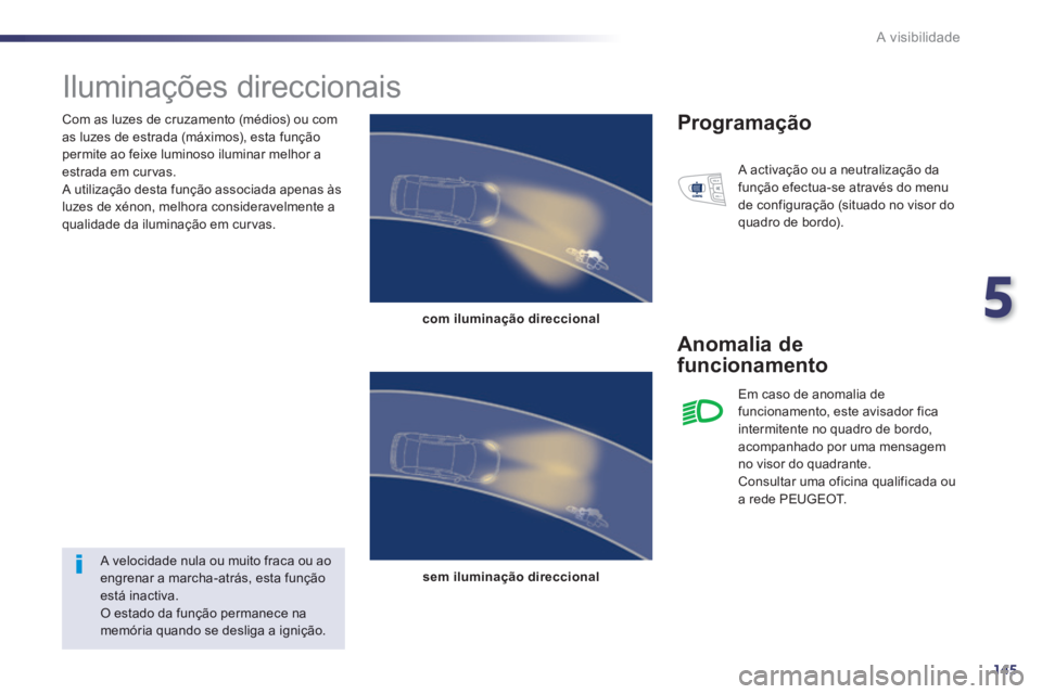 Peugeot 508 2014 Manual do proprietário (in Portuguese) 5
145
A visibilidade
Com as luzes de cruzamento (médios) ou com as luzes de estrada (máximos), esta função permite ao feixe luminoso iluminar melhor a estrada em curvas. A utilização desta fu Peugeot 508 2014 Manual do proprietário (in Portuguese) 5
145
A visibilidade
Com as luzes de cruzamento (médios) ou com as luzes de estrada (máximos), esta função permite ao feixe luminoso iluminar melhor a estrada em curvas. A utilização desta fu