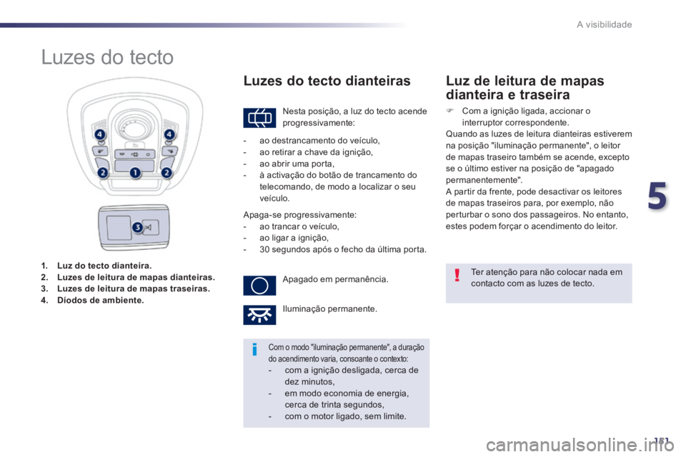 Peugeot 508 2014 Manual do proprietário (in Portuguese) 5
151
A visibilidade
1. Luz do tecto dianteira.2. Luzes de leitura de mapas dianteiras.3. Luzes de leitura de mapas traseiras.4. Díodos de ambiente.
Luzes do tecto
Nesta posi Peugeot 508 2014 Manual do proprietário (in Portuguese) 5
151
A visibilidade
1. Luz do tecto dianteira.2. Luzes de leitura de mapas dianteiras.3. Luzes de leitura de mapas traseiras.4. Díodos de ambiente.
Luzes do tecto
Nesta posi