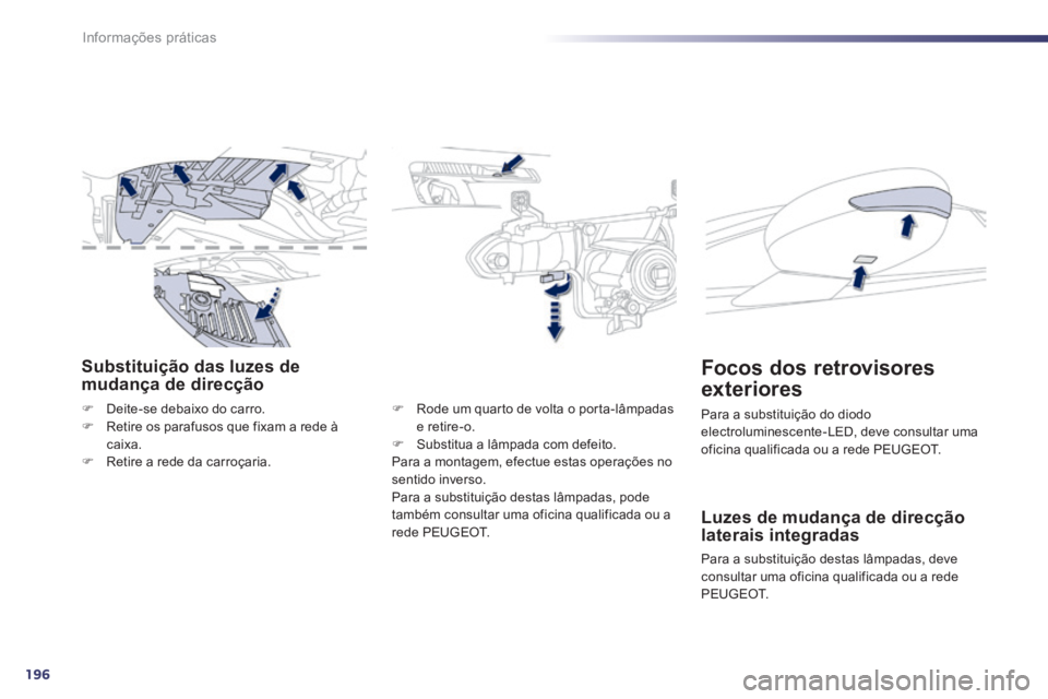 Peugeot 508 2014 Manual do proprietário (in Portuguese) 196
Informações práticas
508_pt_Chap08_info pratiques_ed01-2014
Substituição das luzes de mudança de direcção
Deite-se debaixo do carro. Retire os parafusos que fixam a rede à ca Peugeot 508 2014 Manual do proprietário (in Portuguese) 196
Informações práticas
508_pt_Chap08_info pratiques_ed01-2014
Substituição das luzes de mudança de direcção
Deite-se debaixo do carro. Retire os parafusos que fixam a rede à ca