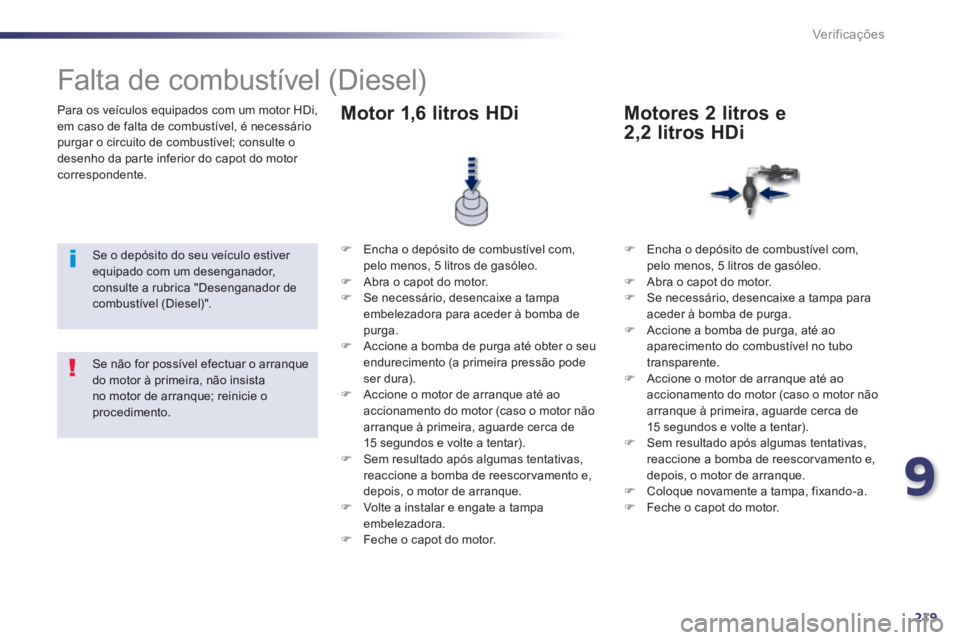 Peugeot 508 2014 Manual do proprietário (in Portuguese) 9
219
Verificações
Para os veículos equipados com um motor HDi, em caso de falta de combustível, é necessário purgar o circuito de combustível; consulte o desenho da parte inferior do capot d Peugeot 508 2014 Manual do proprietário (in Portuguese) 9
219
Verificações
Para os veículos equipados com um motor HDi, em caso de falta de combustível, é necessário purgar o circuito de combustível; consulte o desenho da parte inferior do capot d