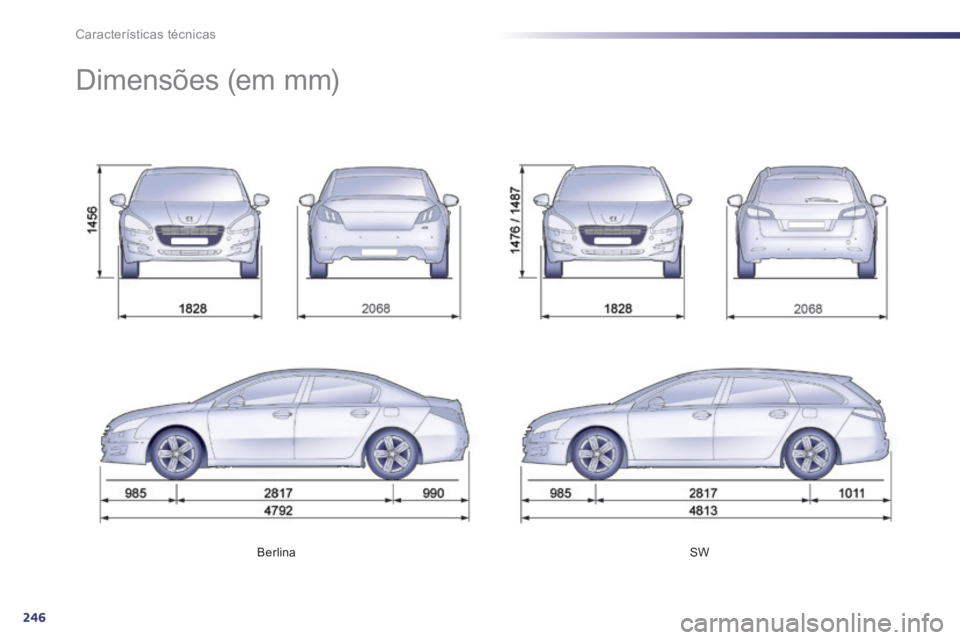 Peugeot 508 2014 Manual do proprietário (in Portuguese) 246
Características técnicas
Berlina SW
Dimensões (em mm) Peugeot 508 2014 Manual do proprietário (in Portuguese) 246
Características técnicas
Berlina SW
Dimensões (em mm)