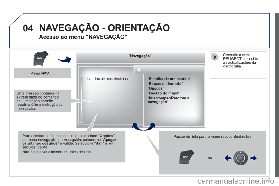 Peugeot 508 2014 Manual do proprietário (in Portuguese) 259
04
508_pt_Chap11c_RT6_ed01-2014
Lista dos últimos destinos.
" " " " " " " " " " " " " " " " " " " " " " " NavegaçãoNavegaçãoNavegaçãoNavega Peugeot 508 2014 Manual do proprietário (in Portuguese) 259
04
508_pt_Chap11c_RT6_ed01-2014
Lista dos últimos destinos.
" " " " " " " " " " " " " " " " " " " " " " " NavegaçãoNavegaçãoNavegaçãoNavega