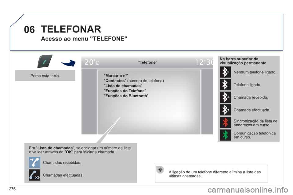 Peugeot 508 2014 Manual do proprietário (in Portuguese) 276
06
508_pt_Chap11c_RT6_ed01-2014
TELEFONAR
Acesso ao menu "TELEFONE"
" " " " " " " " " " " " " " " " " " Telefone Telefone Telefone Telefone Telefone Telefo Peugeot 508 2014 Manual do proprietário (in Portuguese) 276
06
508_pt_Chap11c_RT6_ed01-2014
TELEFONAR
Acesso ao menu "TELEFONE"
" " " " " " " " " " " " " " " " " " Telefone Telefone Telefone Telefone Telefone Telefo