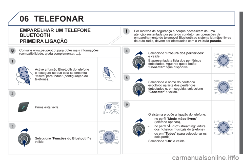 Peugeot 508 2014 Manual do proprietário (in Portuguese) 277
06
508_pt_Chap11c_RT6_ed01-2014
EMPARELHAR UM TELEFONE
BLUETOOTH
PRIMEIRA LIGAÇÃO Por motivos de segurança e porque necessitam de uma atenção sustentada por parte do cond Peugeot 508 2014 Manual do proprietário (in Portuguese) 277
06
508_pt_Chap11c_RT6_ed01-2014
EMPARELHAR UM TELEFONE
BLUETOOTH
PRIMEIRA LIGAÇÃO Por motivos de segurança e porque necessitam de uma atenção sustentada por parte do cond