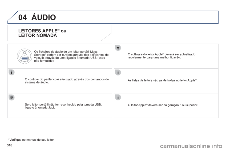 Peugeot 508 2014 Manual do proprietário (in Portuguese) 318
04
508_pt_Chap11d_RD5_ed01-2014
ÁUDIO
LEITORES APPLE ® ou
LEITOR NÓMADA
O controlo do periférico é efectuado através dos comandos do sistema de áudio.
Os fi cheiros de áudi Peugeot 508 2014 Manual do proprietário (in Portuguese) 318
04
508_pt_Chap11d_RD5_ed01-2014
ÁUDIO
LEITORES APPLE ® ou
LEITOR NÓMADA
O controlo do periférico é efectuado através dos comandos do sistema de áudio.
Os fi cheiros de áudi