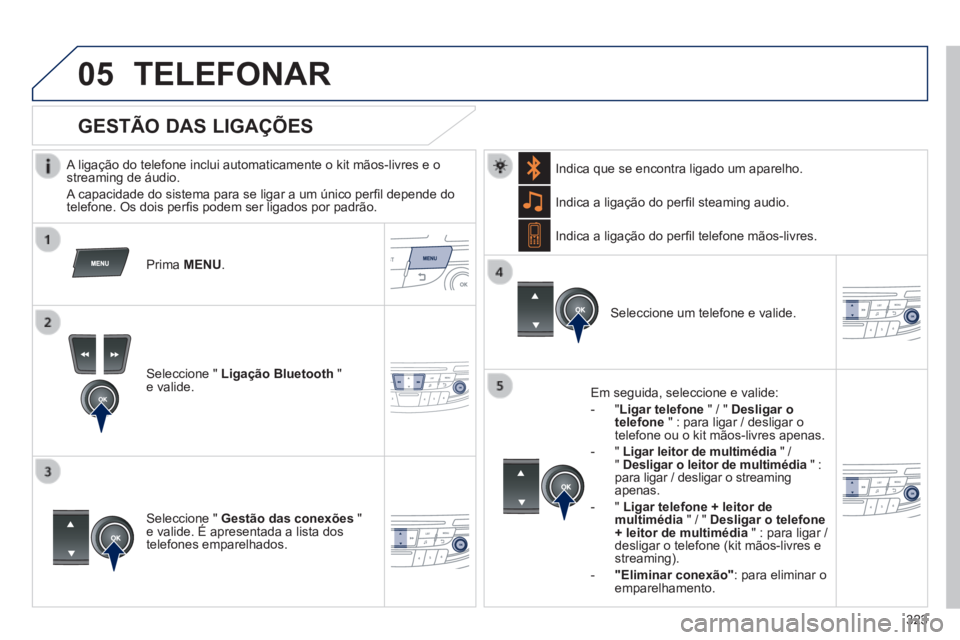 Peugeot 508 2014 Manual do proprietário (in Portuguese) 323
05
508_pt_Chap11d_RD5_ed01-2014
TELEFONAR
A ligação do telefone inclui automaticamente o kit mãos-livres e\
o streaming de áudio.
A capacidade do sistema para se ligar a um único p Peugeot 508 2014 Manual do proprietário (in Portuguese) 323
05
508_pt_Chap11d_RD5_ed01-2014
TELEFONAR
A ligação do telefone inclui automaticamente o kit mãos-livres e\
o streaming de áudio.
A capacidade do sistema para se ligar a um único p