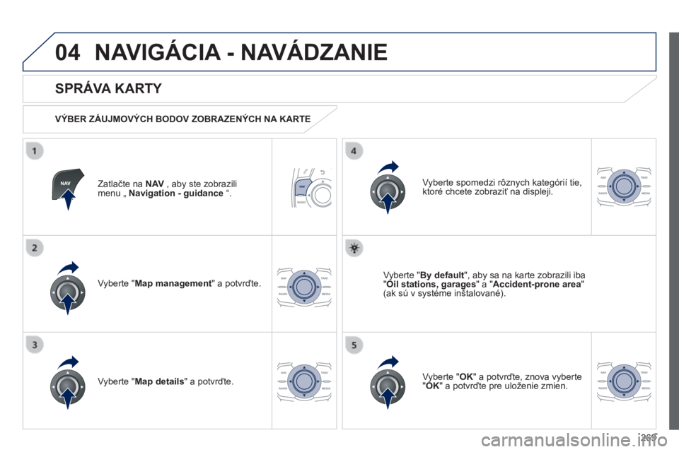 Peugeot 508 2014 Užívateľská príručka (in Slovak) 269
04
508_sk_Chap11c_RT6_ed01-2014
NAVIGÁCIA - NAVÁDZANIE
Zatlačte na N AV , aby ste zobrazili menu „ Navigation - guidance “.
SPRÁVA KARTY
VÝBER ZÁUJMOVÝCH BODOV ZOBRAZENÝ Peugeot 508 2014 Užívateľská príručka (in Slovak) 269
04
508_sk_Chap11c_RT6_ed01-2014
NAVIGÁCIA - NAVÁDZANIE
Zatlačte na N AV , aby ste zobrazili menu „ Navigation - guidance “.
SPRÁVA KARTY
VÝBER ZÁUJMOVÝCH BODOV ZOBRAZENÝ