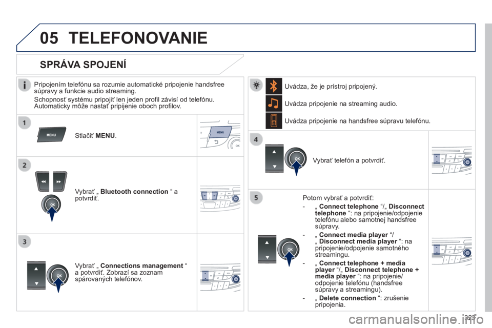 Peugeot 508 2014  Užívateľská príručka (in Slovak) 323
05
 
 
508_sk_Chap11d_RD5_ed01-2014
 TELEFONOVANIE 
  Pripojením telefónu sa rozumie automatické pripojenie handsfree súpravy a funkcie audio streaming. 
 Schopnosť systému pripojiť len jed
