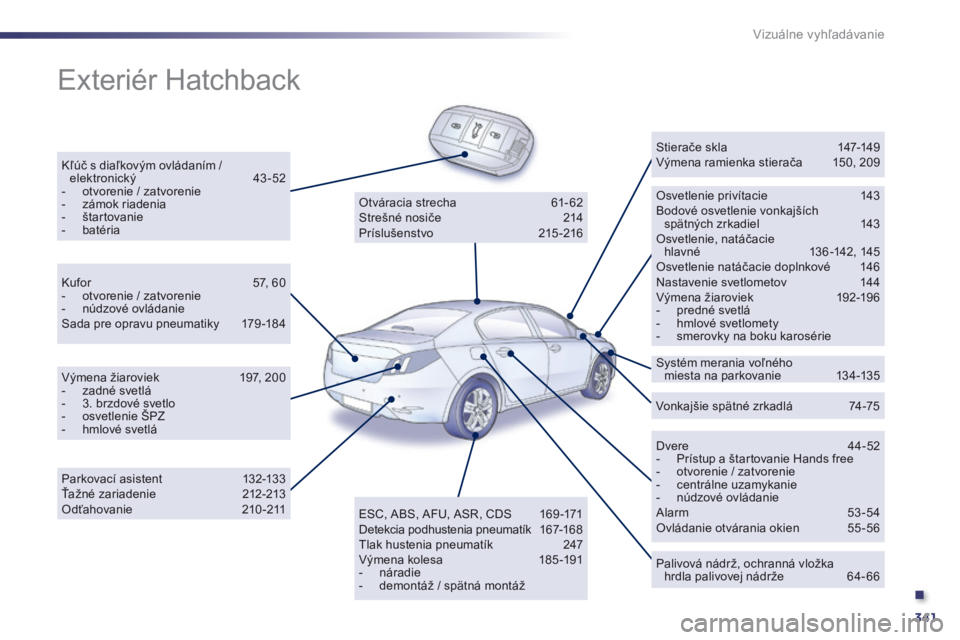 Peugeot 508 2014  Užívateľská príručka (in Slovak) .
341
Vizuálne vyhľadávanie
 Exteriér Hatchback  
  Kľúč s diaľkovým ovládaním / elektronický 43-52    -   otvorenie / zatvorenie   -   zámok riadenia   -    š t a r t o v a n i e    -  