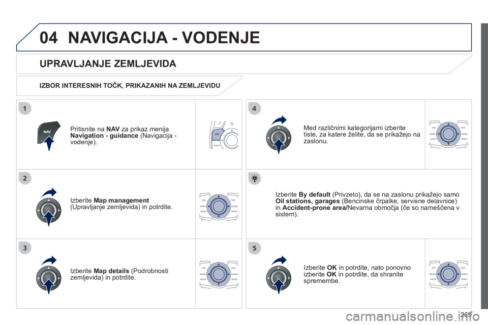 Peugeot 508 2014 Priročnik za lastnika (in Slovenian) 269
04
508_sl_Chap11c_RT6_ed01-2014
NAVIGACIJA - VODENJE
Pritisnite na N AV za prikaz menija Navigation - guidance (Navigacija - vodenje).
UPRAVLJANJE ZEMLJEVIDA
IZBOR INTERESNIH TOČK, Peugeot 508 2014 Priročnik za lastnika (in Slovenian) 269
04
508_sl_Chap11c_RT6_ed01-2014
NAVIGACIJA - VODENJE
Pritisnite na N AV za prikaz menija Navigation - guidance (Navigacija - vodenje).
UPRAVLJANJE ZEMLJEVIDA
IZBOR INTERESNIH TOČK,